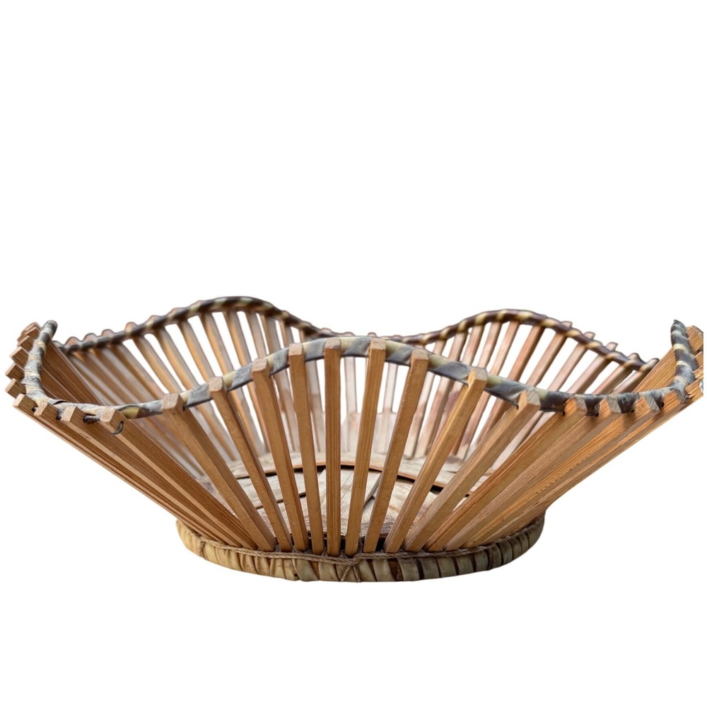 Bamboo Slat Fruit Basket Bowl Wavy Rim Natural Tan 10in Boho Catchall